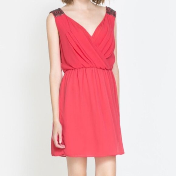 Zara Coral Chiffon-Like Beaded Shoulder Wrap Dress - Size Small - Picture 1 of 5